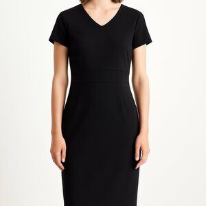 Donna Morgan Black Sheath Midi Dress | V-Neck | Flutter Cap Sleeves | Cocktail